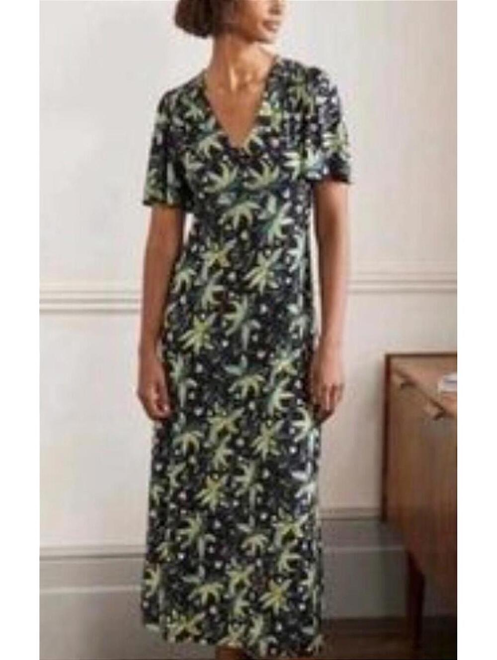 BODEN Green and Black Floral N-Neck Jersey Midi Dress - Size - 10